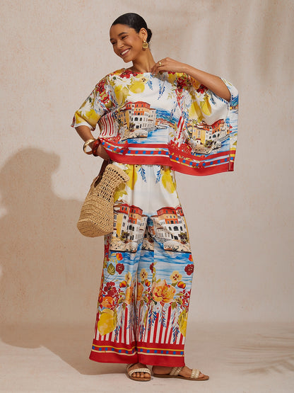 Summer Night Palm Silky Satin Dolman Sleeve Top