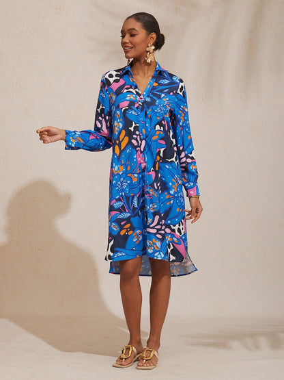 Vacation Abstract Color Dot Floral Straight Satin Shirt Dress