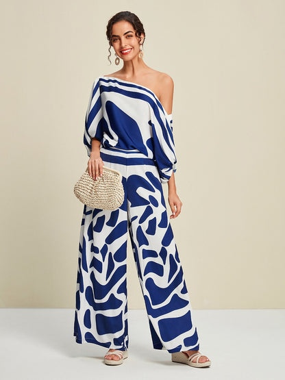 Satin Abstract Puff Sleeve Bateau Blouse