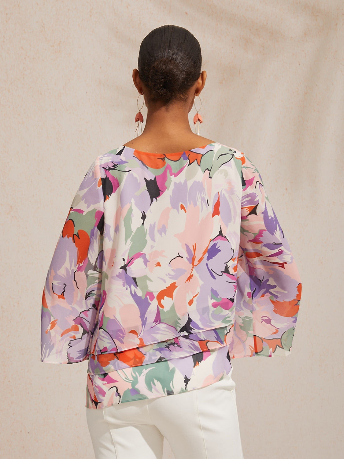 Vacation Abstract Floral Print Layered Design Chiffon Blouse