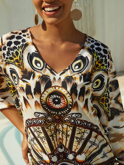 Vacation Leopard Motif Dolman Sleeve Loose Fit Chiffon Maxi Dress