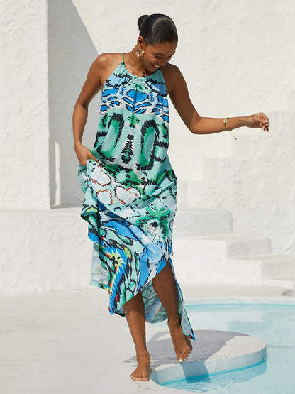 Vacation Vintage Patchwork Motif Sleeveless Drawstring Satin Maxi Dress