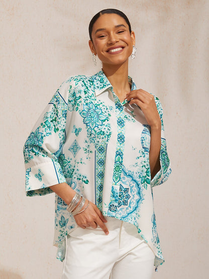 Vacation Scenic Floral Print Dolman Sleeve Chiffon Short Shirt