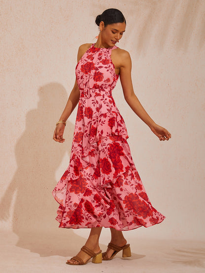 Vacation Pink Floral Waist-Cinching Sleeveless Chiffon Maxi Dress