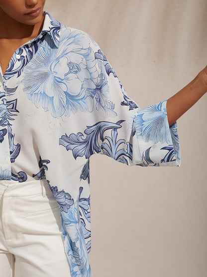 Vacation Retro Floral Dolman Sleeve Chiffon Short Shirt