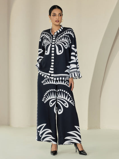 Wide Leg Pants Black Satin Full Length Printing