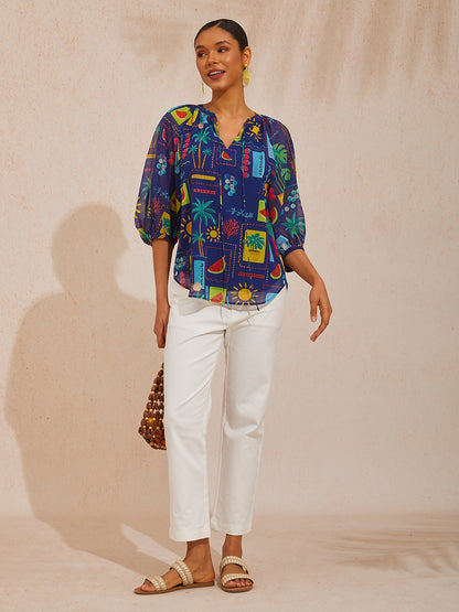 Vacation Tropical Geometric Floral Loose Chiffon Top