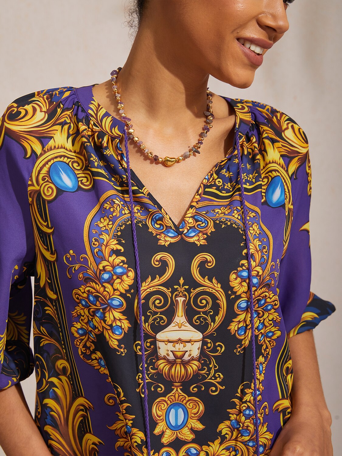 Midnight Blue Baroque Chiffon Three Quarter Sleeve Top