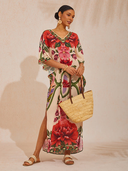 Vacation Placement Floral Batwing Sleeve Chiffon Maxi Dress