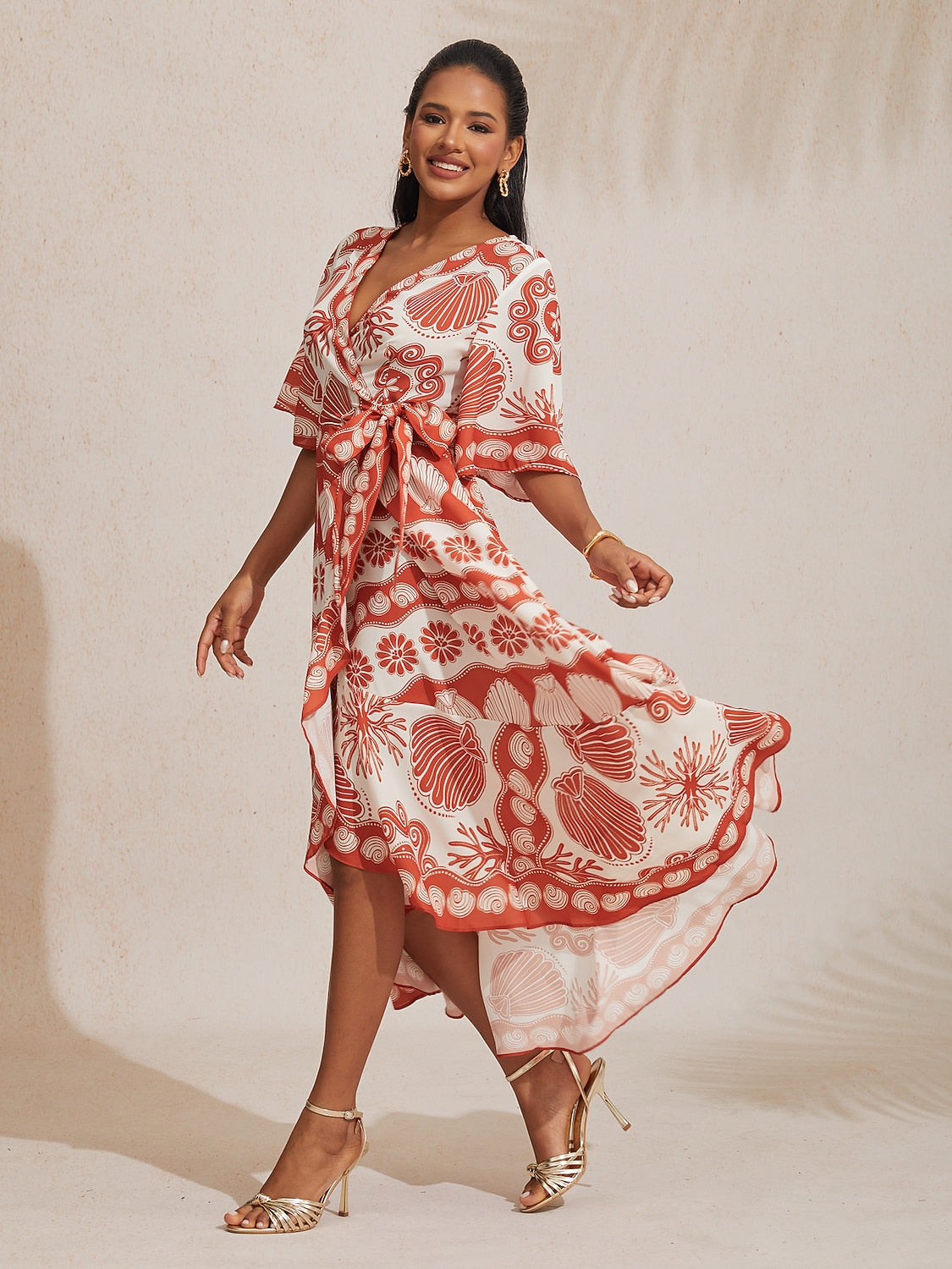 Ocean Elements Print Vacation Style Satin V-Neck Dress