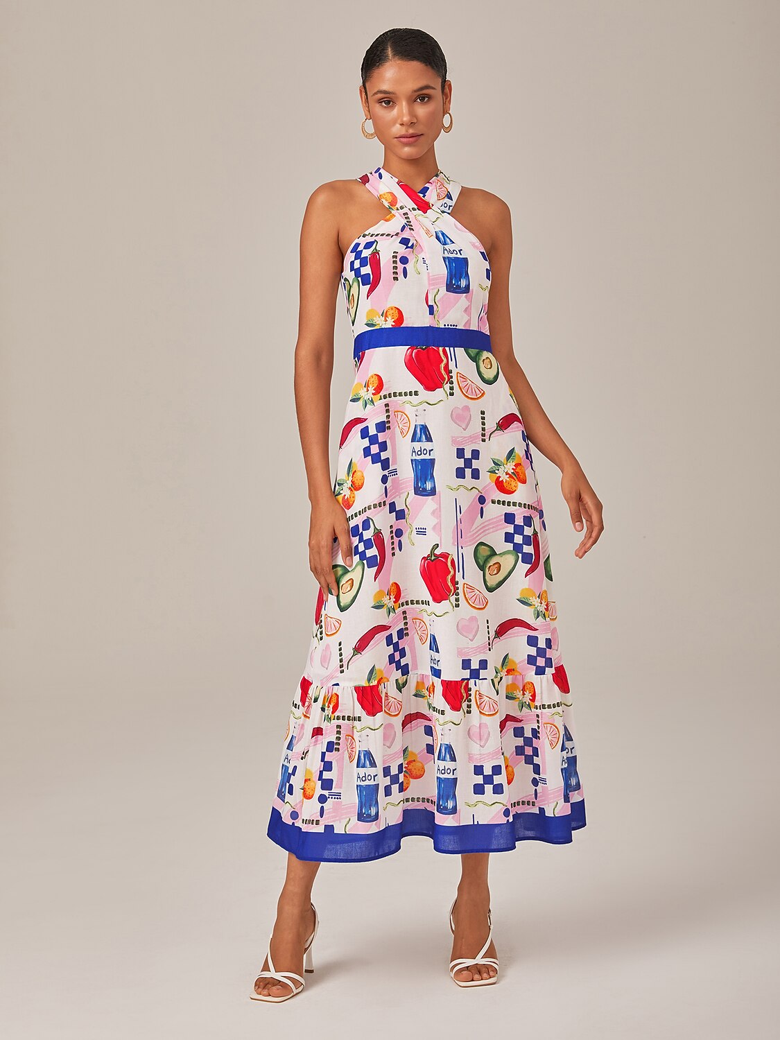 Tropical Fruit-Vegetable Print Halter Neck Long Dress