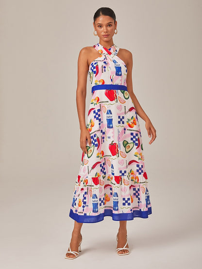 Tropical Fruit-Vegetable Print Halter Neck Long Dress