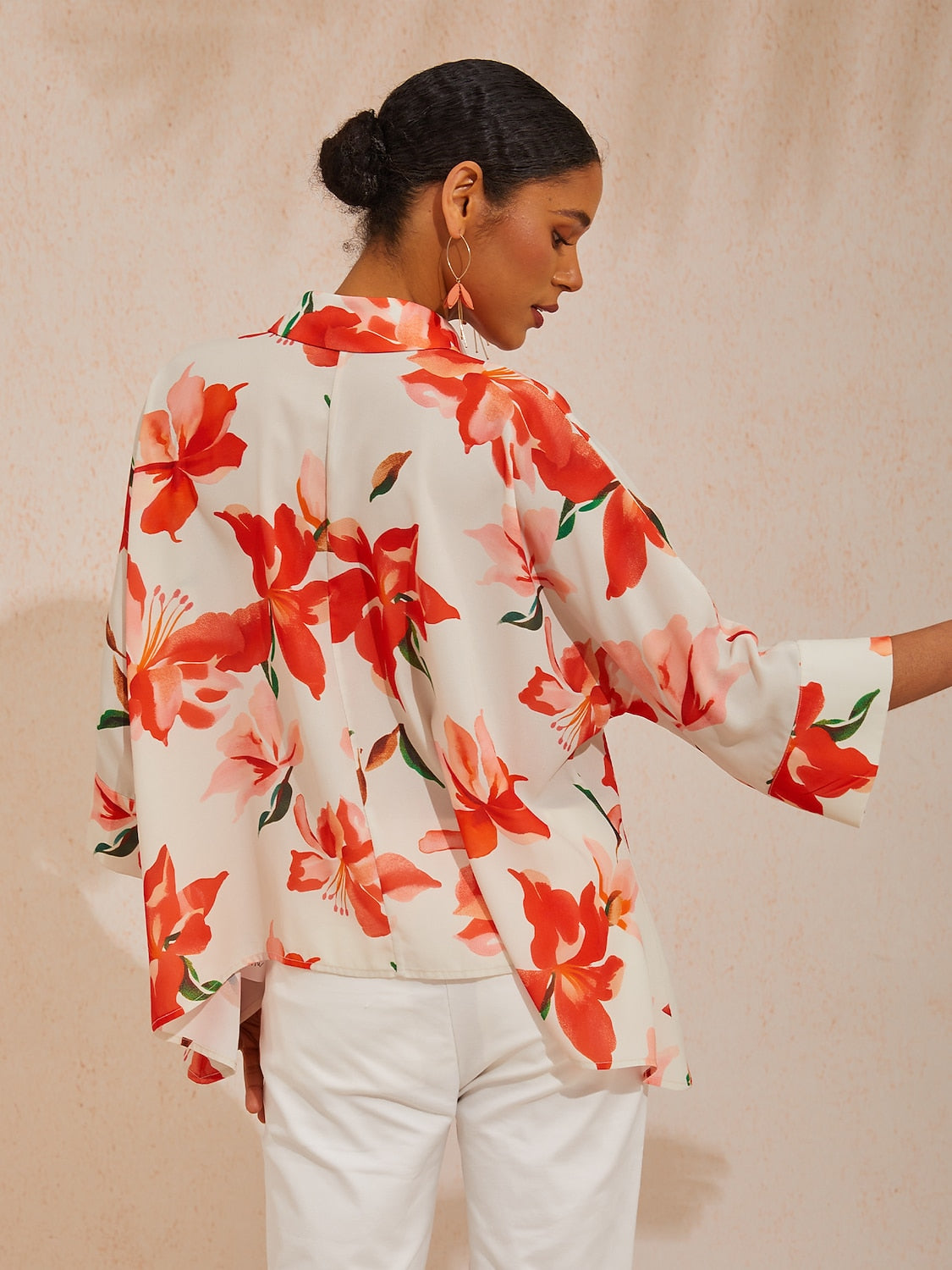 Vacation Pink Floral Dolman Sleeve Chiffon Shirt