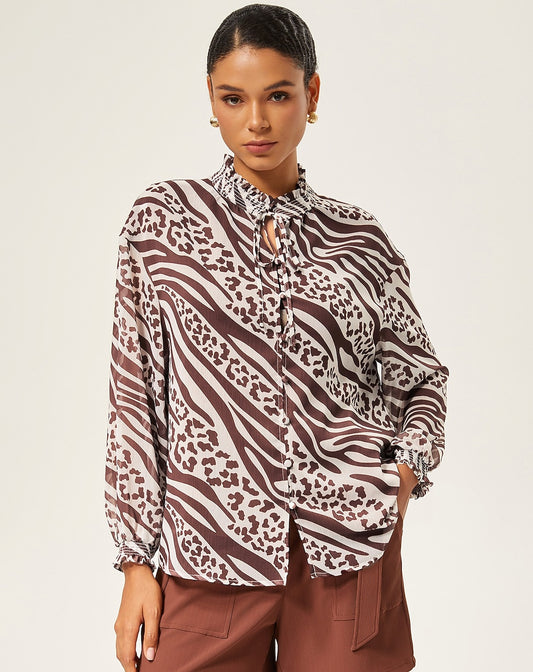 Animal Print Ruched Long Sleeve Pullover