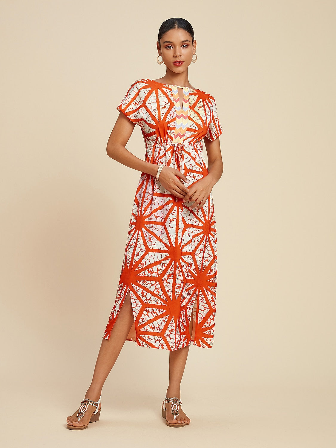 Satin Folk Drawstring Split Midi Dress