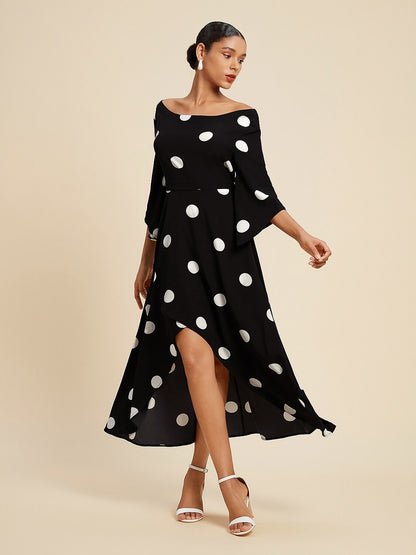 Black Polka Dot Print Asymetric Hem Off-Shoulder Dress