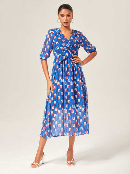 Geometric Color-Block Chiffon Maxi Dress