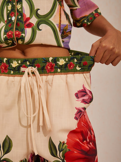 Vacation Placement Floral Elastic Waist Linen like Straight Shorts