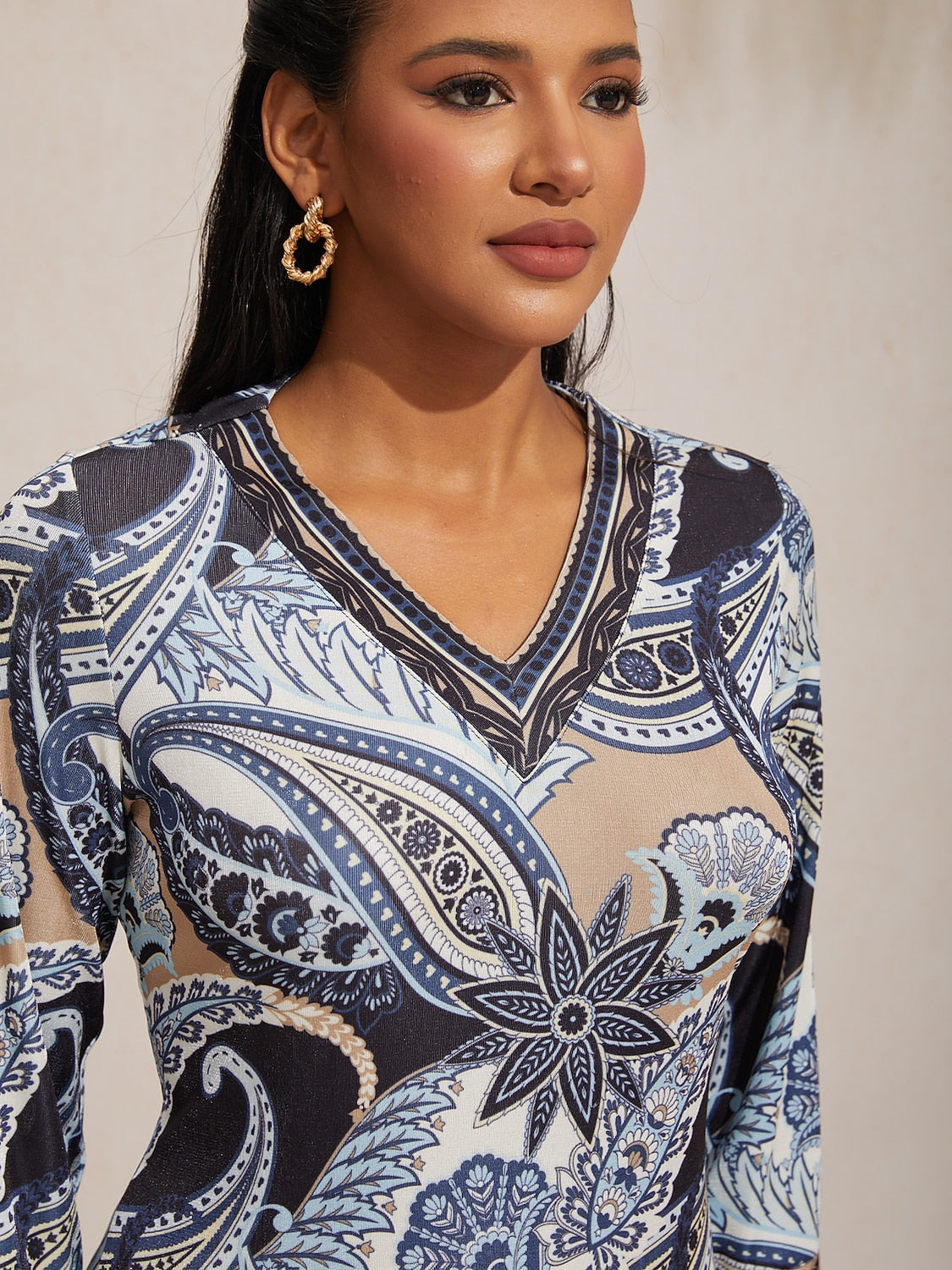 Knit Stretch Fitted Paisley Print Maxi Dress Vacation