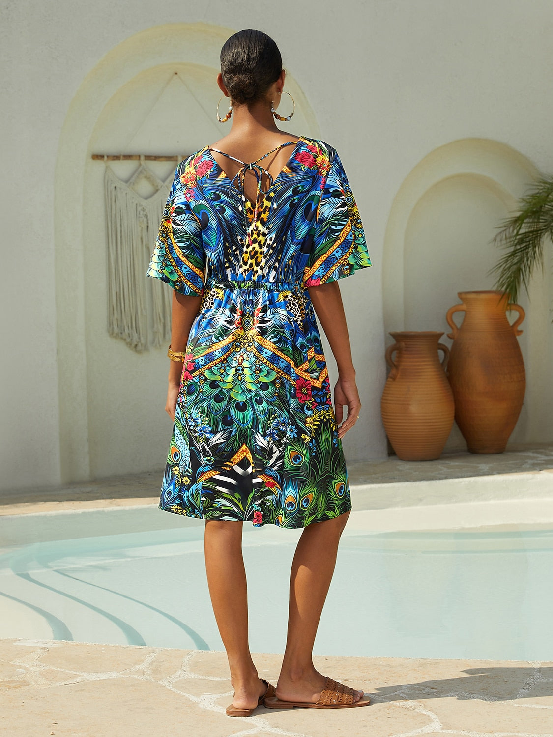 Vacation Feather Leopard Motif Straight Fit Satin Short Dress