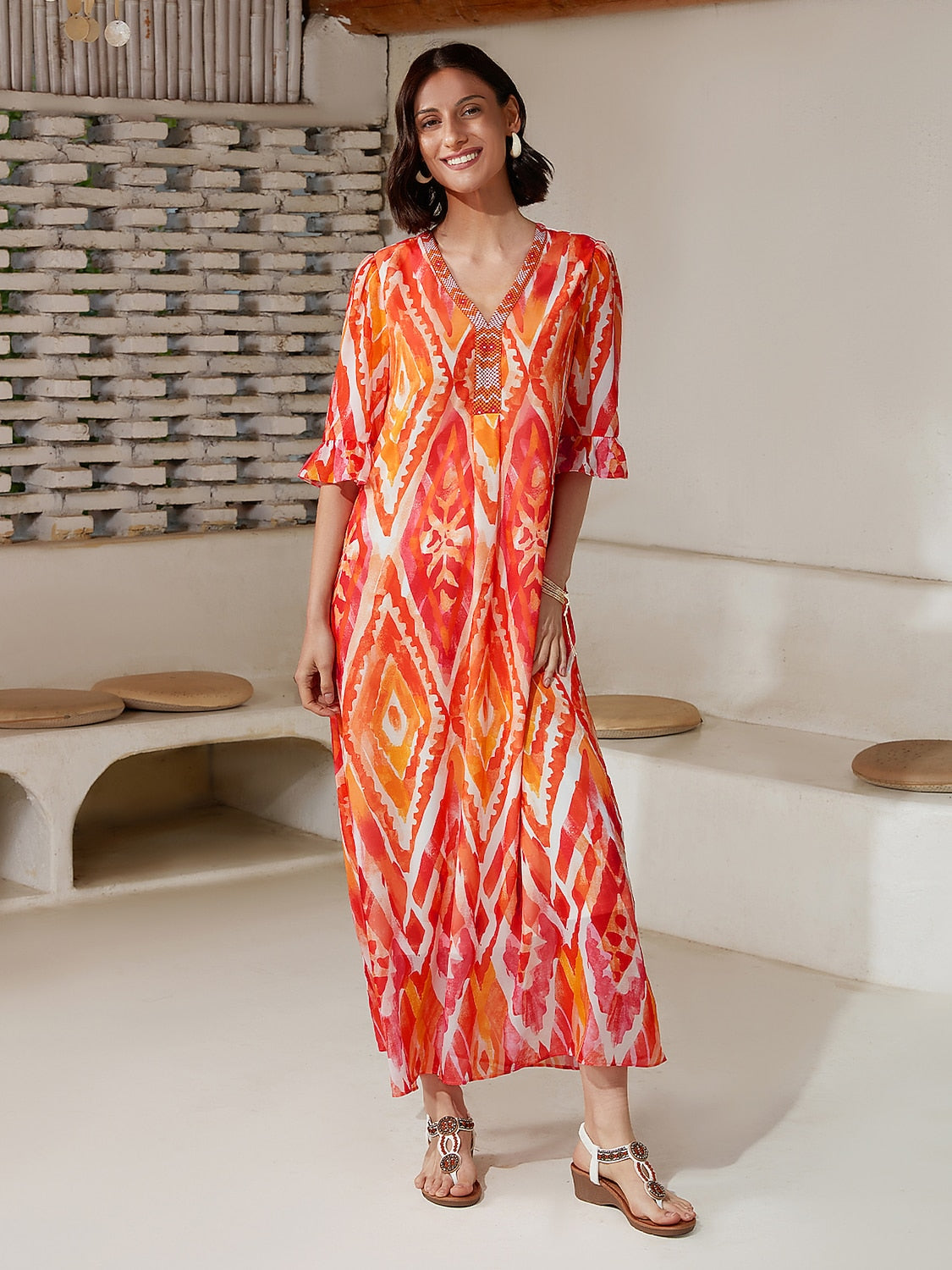 Chiffon Ethnic Print Midi Dress