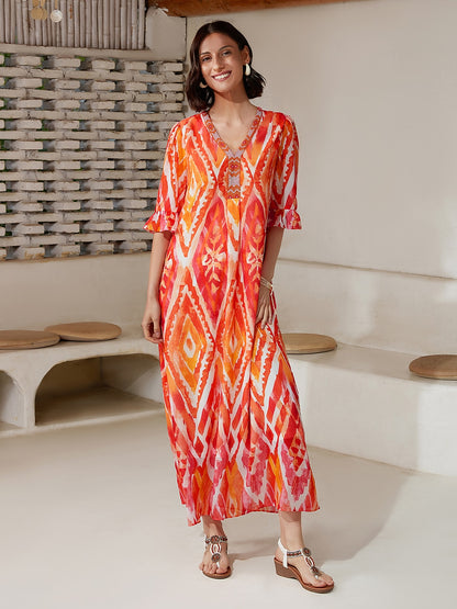 Chiffon Ethnic Print Midi Dress