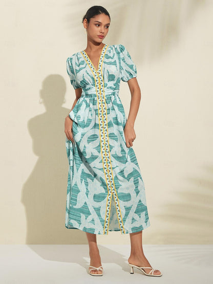 Puff Sleeve V Neck Maxi Dress