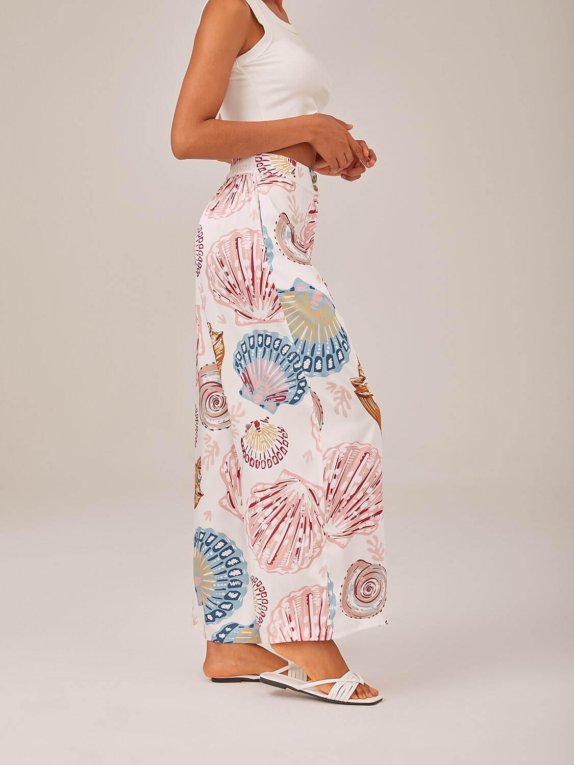 Shell Print Elastic Waist Wide Leg Pants