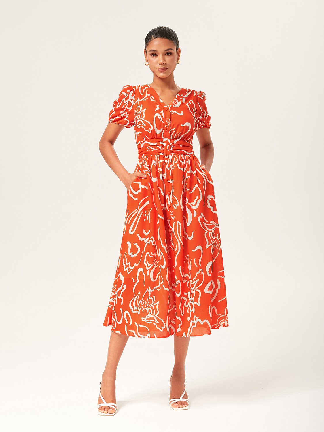 Abstract Art Print Linen-Like Waist-Cinching Maxi Dress