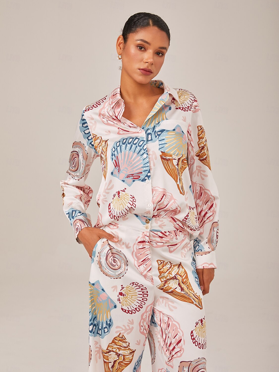 Shell Print Button Down Relaxed Long Sleeve Shirt