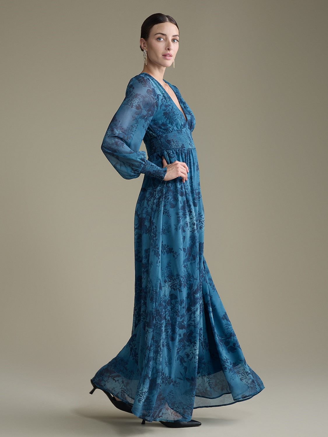 Elegant Floral Print Chiffon Maxi Wedding Guest Dress