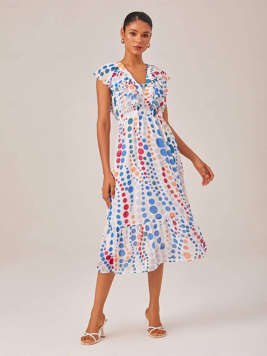 Colorful Polka Dot Chiffon Ruffled Waisted Dress
