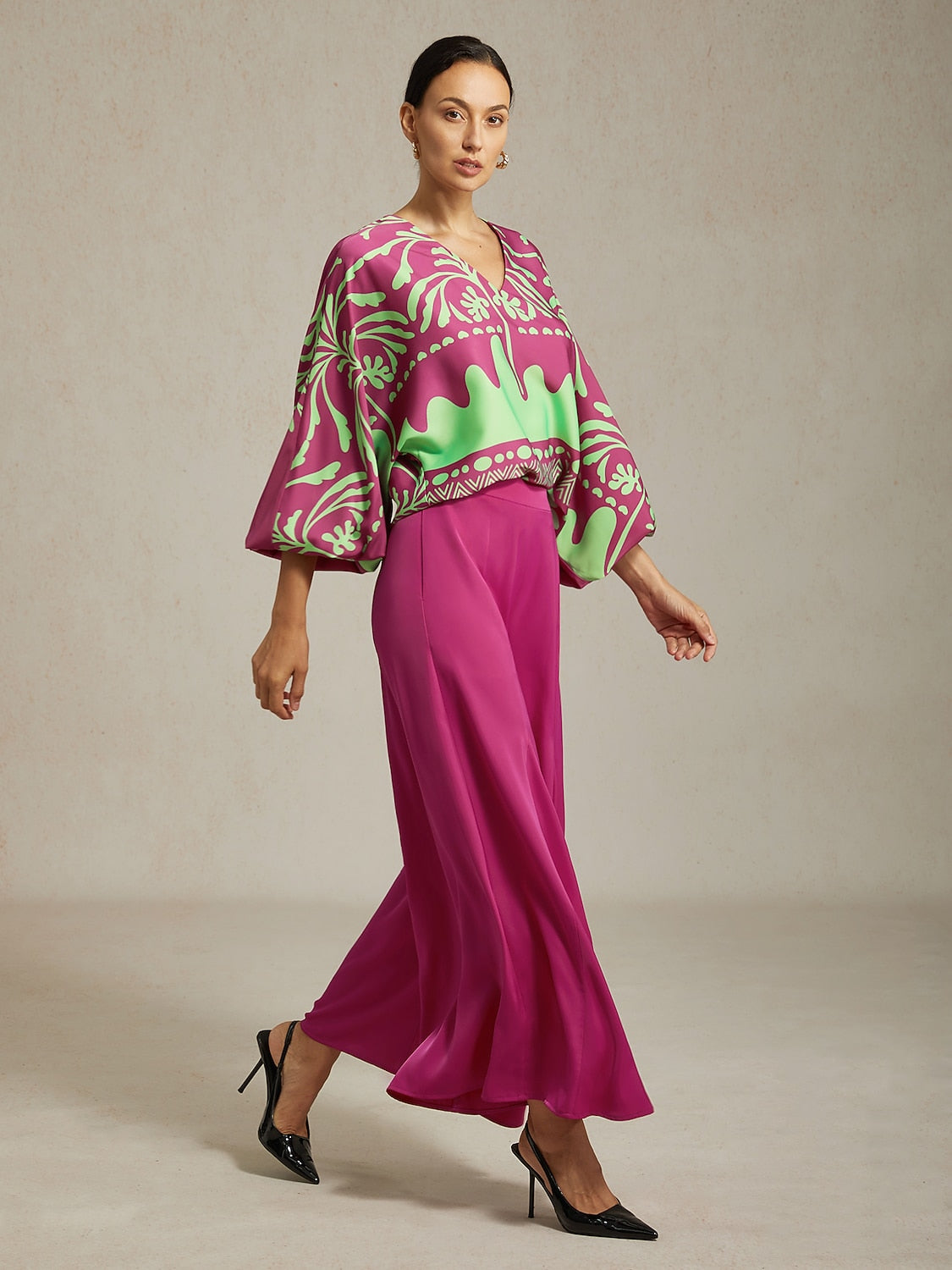 Wide Leg Pants Burgundy Satin Pocket