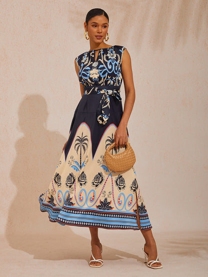 Vacation Color Block Geometric Floral Waist Cinching Satin Maxi Dress