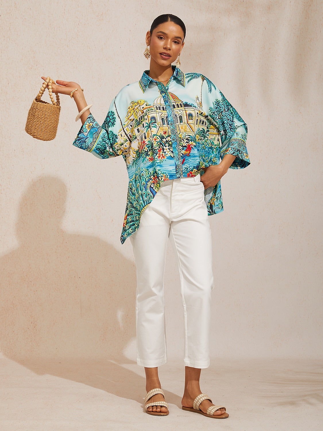 Balearic Islands Blue Silky Satin Dolman Sleeve Top