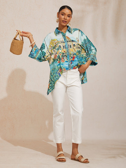 Balearic Islands Blue Silky Satin Dolman Sleeve Top