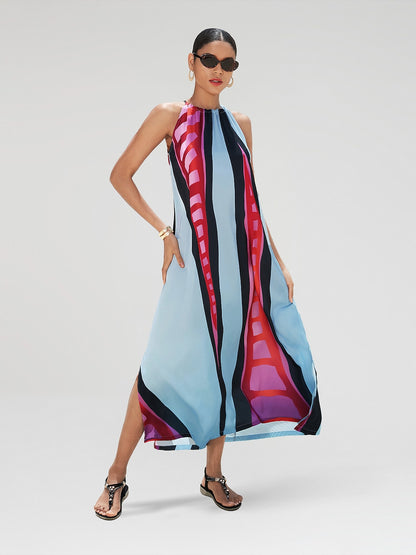 Halter Dress Satin Maxi Dress Rainbow Halter