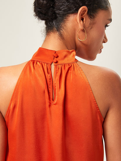 Satin Orange Stand Collar Wide Leg Pants Set