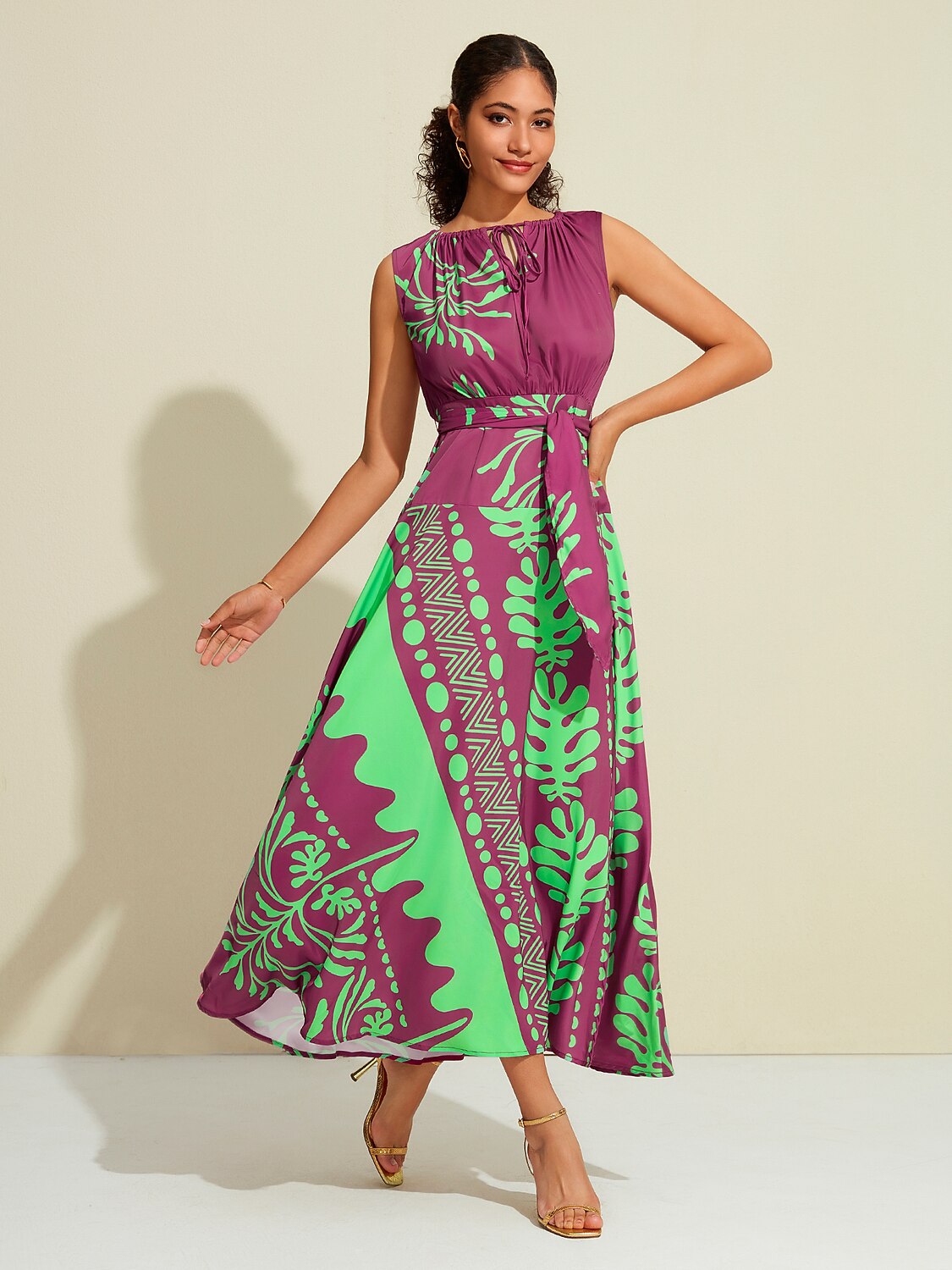 Satin Sleeveless Plants Print Vacation Belted Maxi Dress