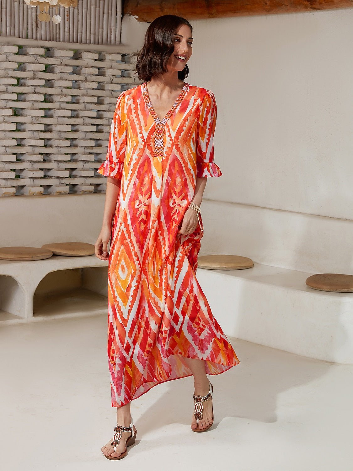 Chiffon Ethnic Print Midi Dress