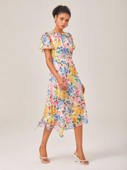 Chiffon Floral Print A-Line Short Sleeve Dress