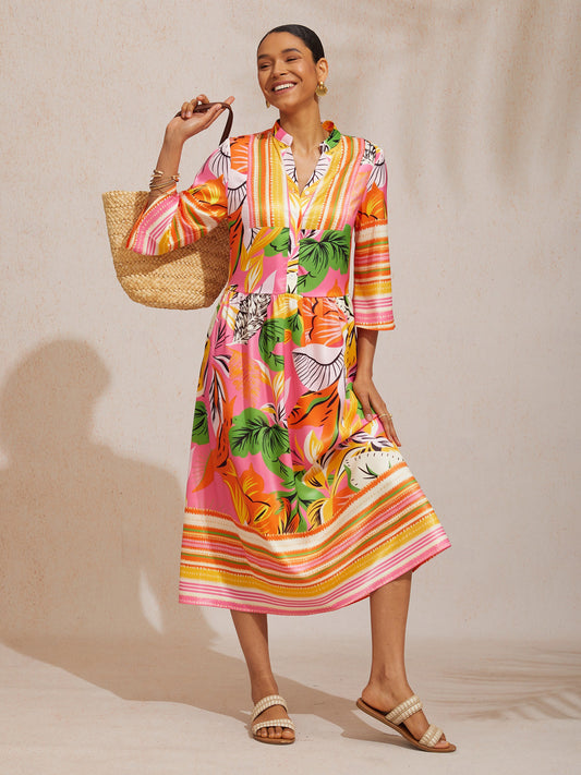 Wild Hibiscus Dream Silky Satin Ruched Maxi Dress