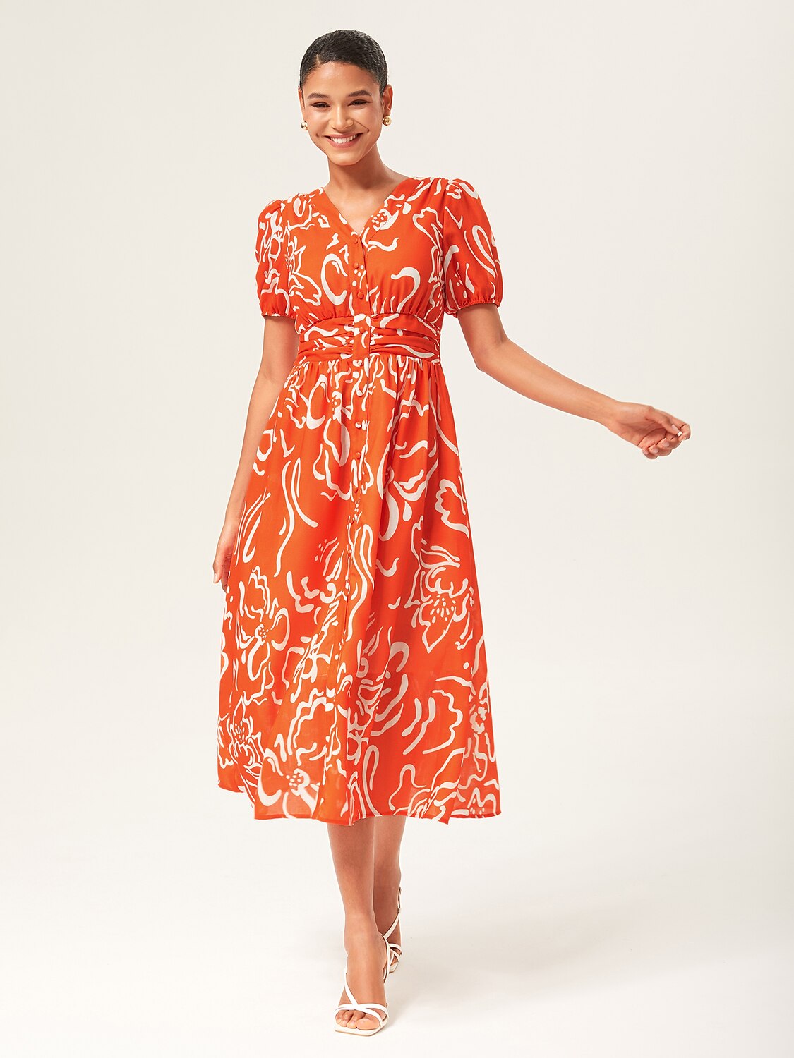 Abstract Art Print Linen-Like Waist-Cinching Maxi Dress