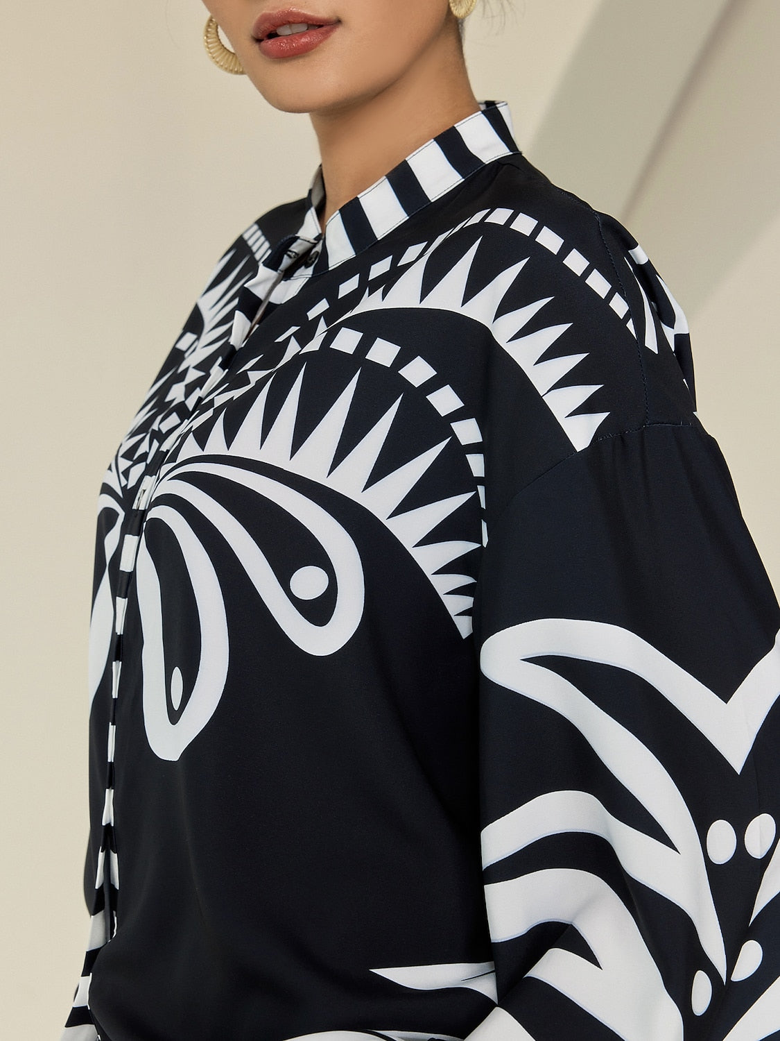 Blouse Black Satin Geometric Print Flare Cuff