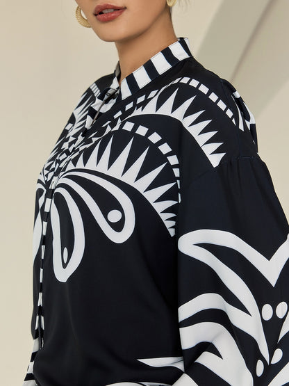 Blouse Black Satin Geometric Print Flare Cuff