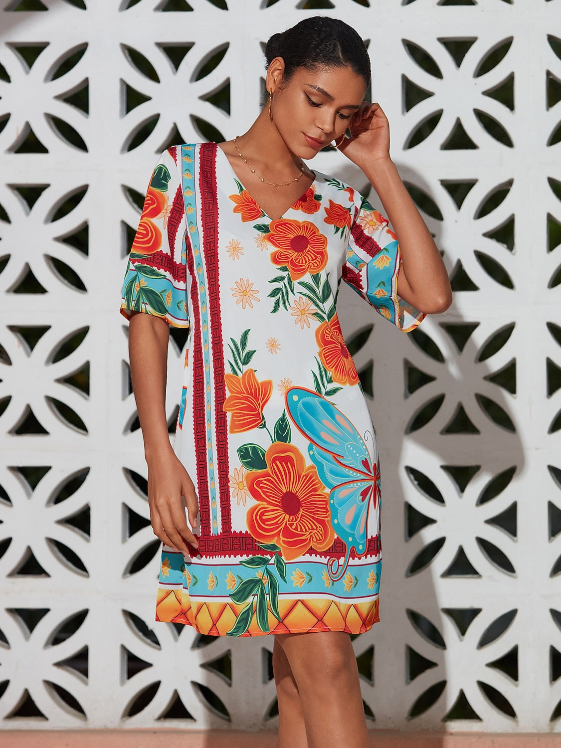 Floral Print Mini Dress Orange Flower Pattern