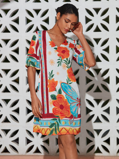 Floral Print Mini Dress Orange Flower Pattern