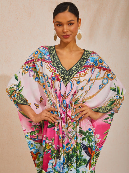 Vacation Floral Chain Print Dolman Sleeve Chiffon Maxi Dress