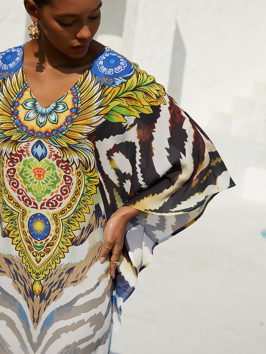 Vacation Gradient Leopard Motif Batwing Sleeve Slit Chiffon Maxi Dress