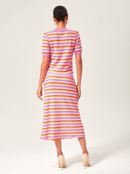 Orange Knitted Stretch Color Block Skirt